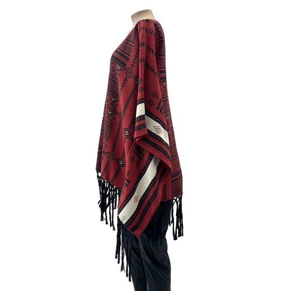 Tasha Polizzi Collection Aztec Southwestern Fringed Hem V-Neck Poncho Women OS - Picture 7 of 10